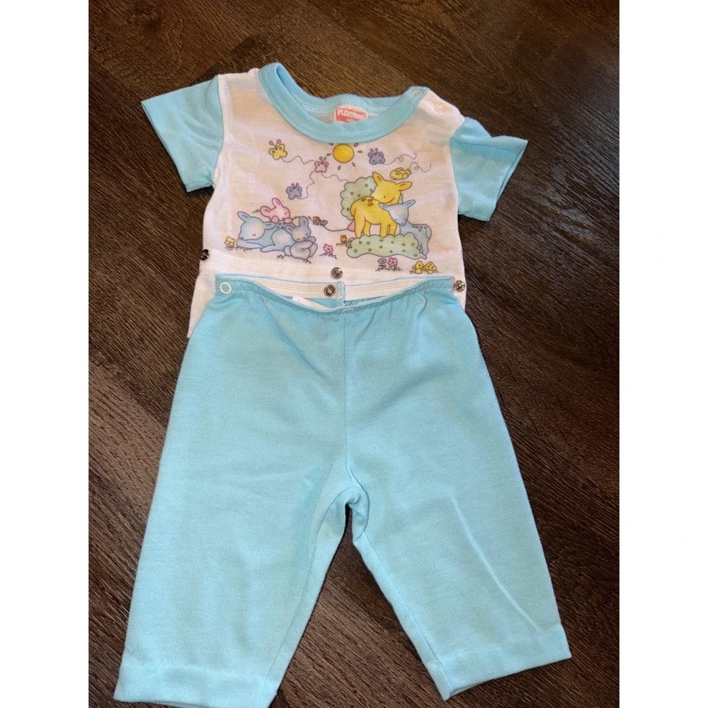 Vintage Playskool Baby Blue Deer Bunny Graphic Shirt Pants Snap Set 6-9 Months